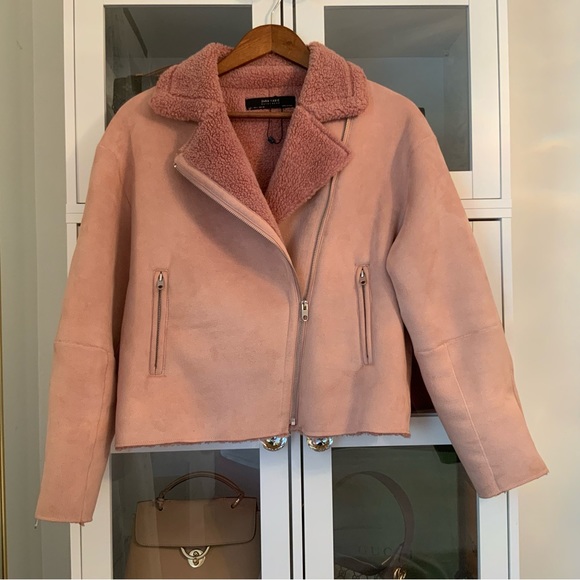 Zara Faux Suede Shearling Winter Moto Jacket Size L - Picture 3 of 9